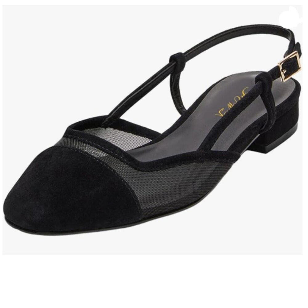 FOWT Black Mesh Round Toe Slip on Slingbacks Pump Comfy Chunky Low Heels Shoes